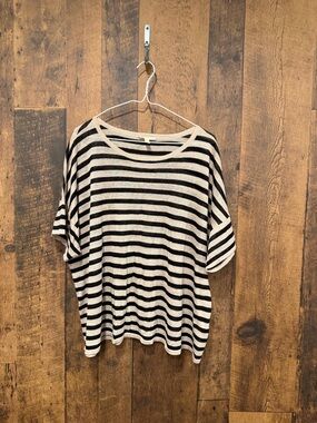 Eileen Fisher Fine Organic Linen Crepe Stripe Round Neck Top 1X EUC